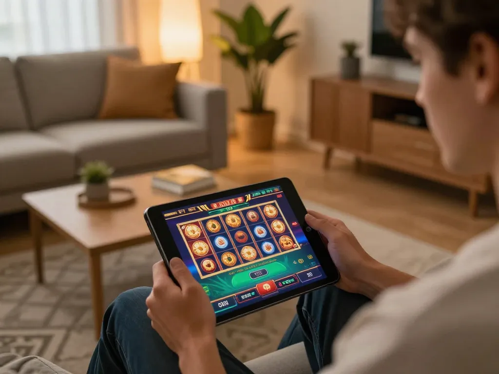 FAFA828 user playing online slots on a tablet in stylish home setting, showcasing gaming experience