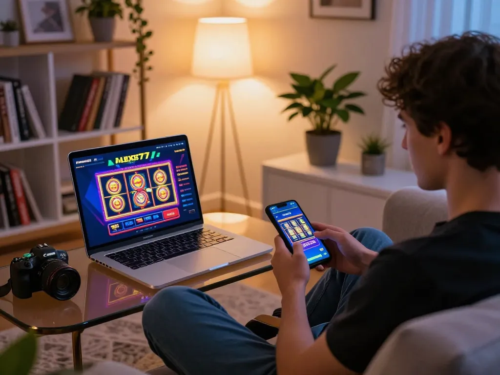 Engage with alexis77 platform showcasing exciting online slot gameplay from a cozy gaming setup