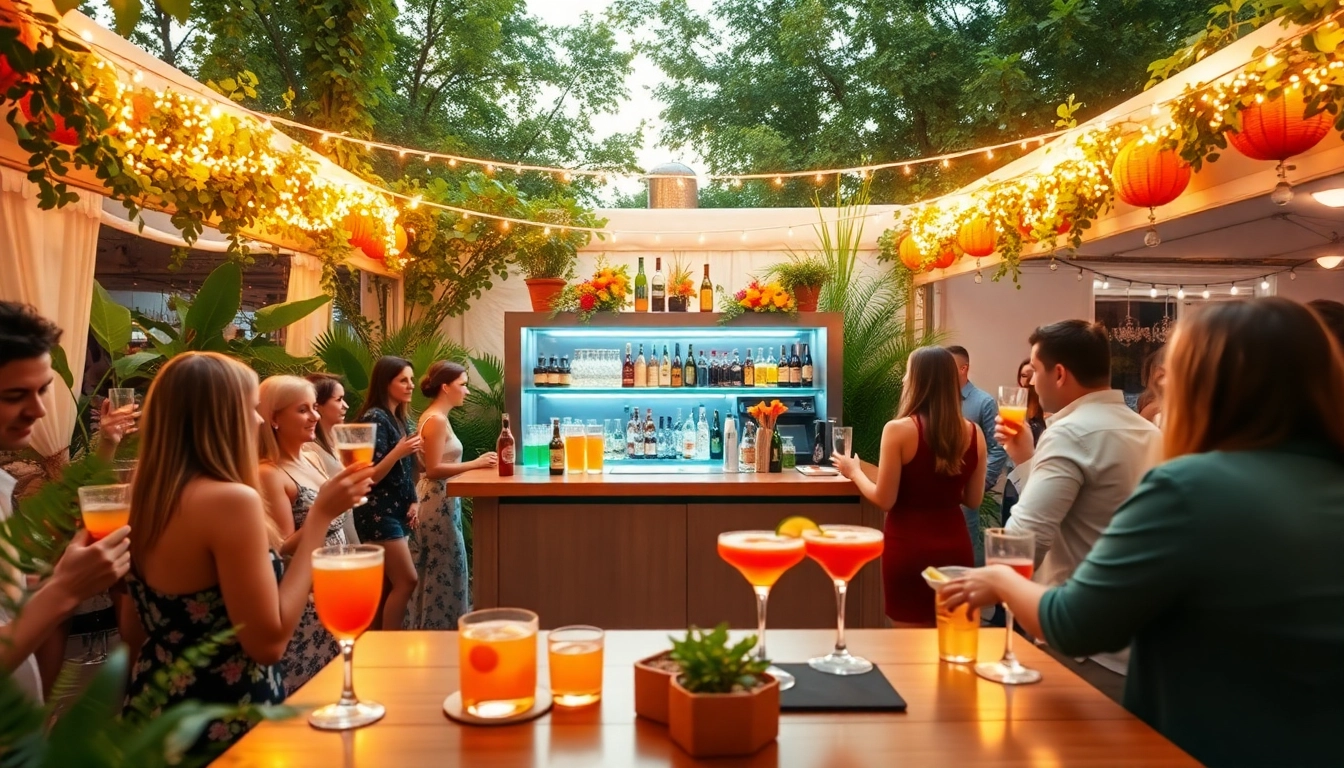 Engaging mobile bar service at a festive outdoor event with drinks and guests.
