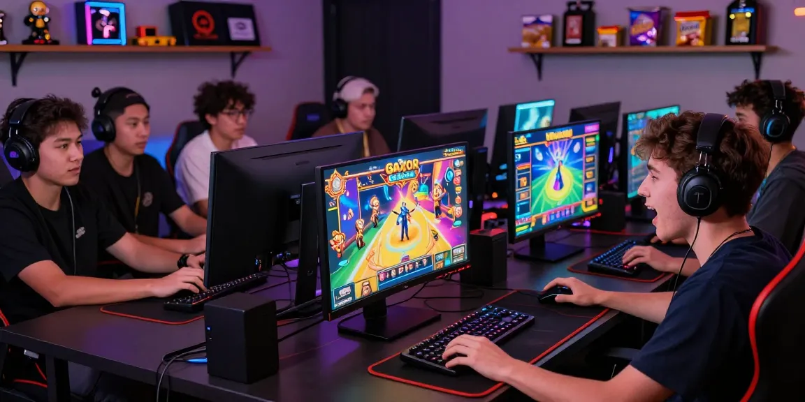 Excited players enjoying slot gacor games on multiple screens in a cozy gaming setup.