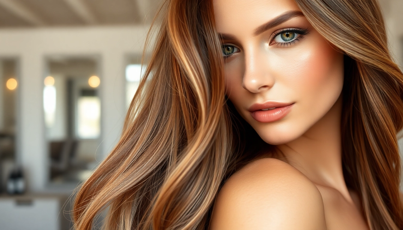 Model featuring invisi edge clip in hair extensions with seamless blends in a salon setting.