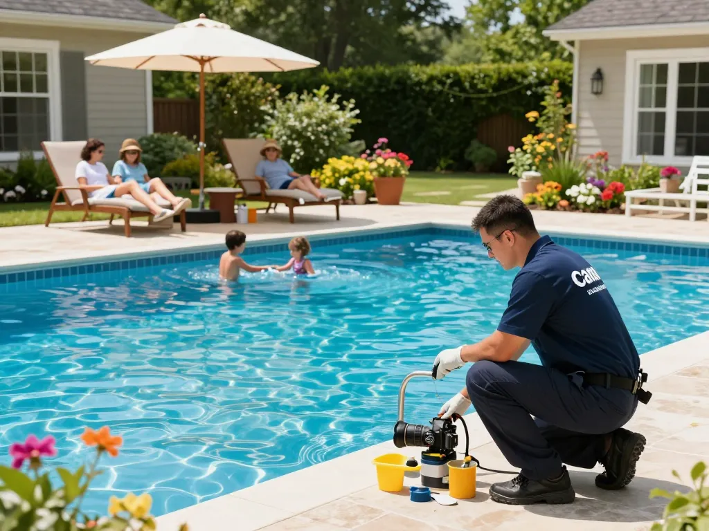 Dolphin Pool Services showcases expert technicians maintaining a family pool in Virginia, ensuring a pristine swimming experience.