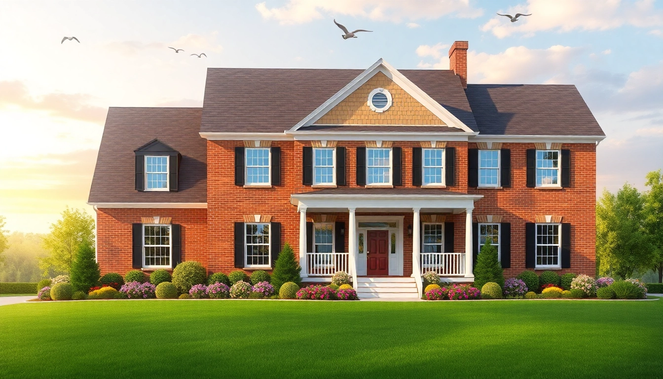 Showcasing a colonial home build with elegant architecture and inviting landscape.
