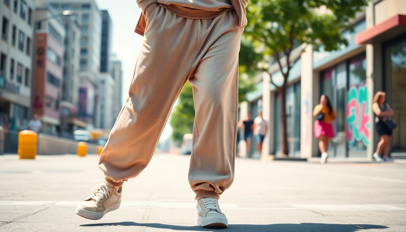A model confidently striding in baggy sweatpants, showcasing modern urban style against a vibrant city backdrop.