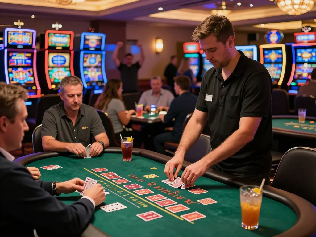 This vibrant scene captures the excitement at Trang chủ 79king, showcasing players enjoying blackjack and slot machines in a lively casino.