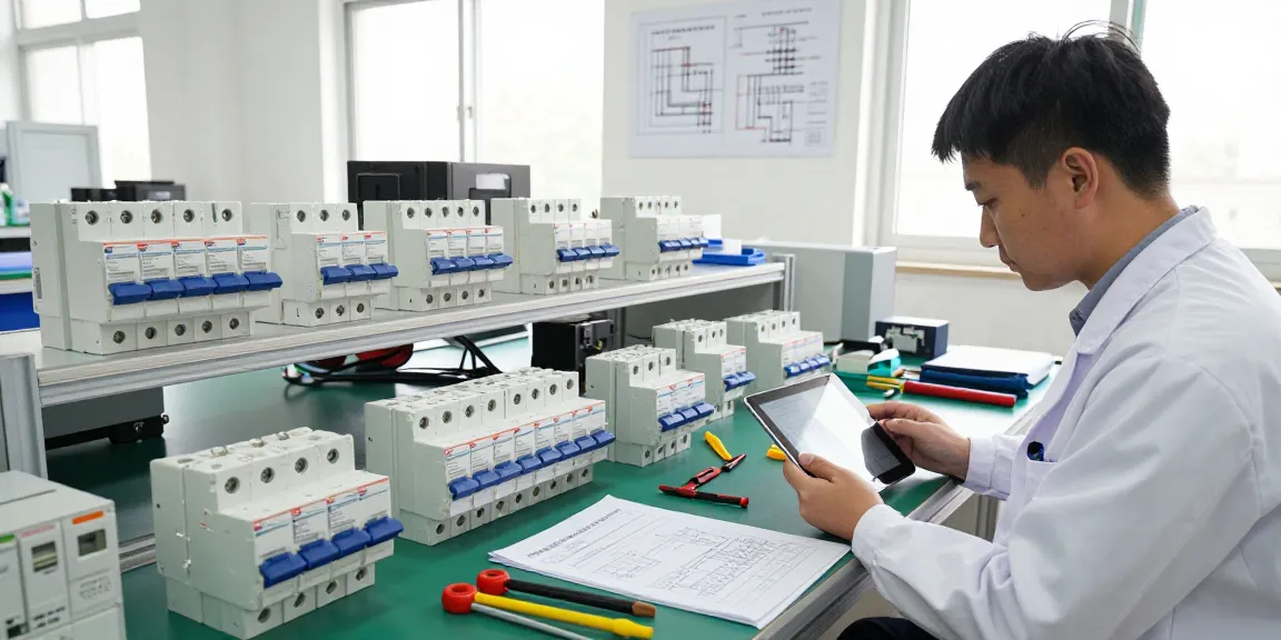 Engineers evaluating DC circuit breakers in a bright workshop focused on low-voltage electrical components.