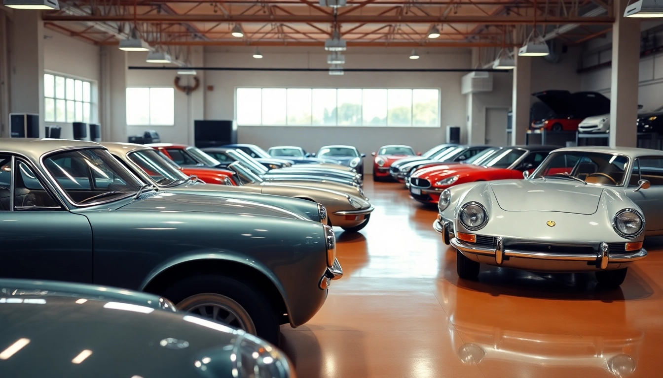 Showcase classic car storage with vintage vehicles in a well-lit, polished facility.