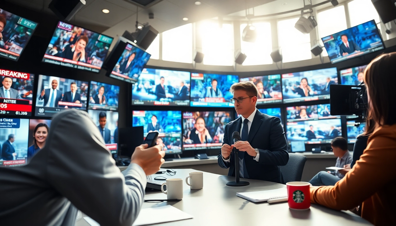 Engaging news scene with a journalist in a fast-paced newsroom environment.