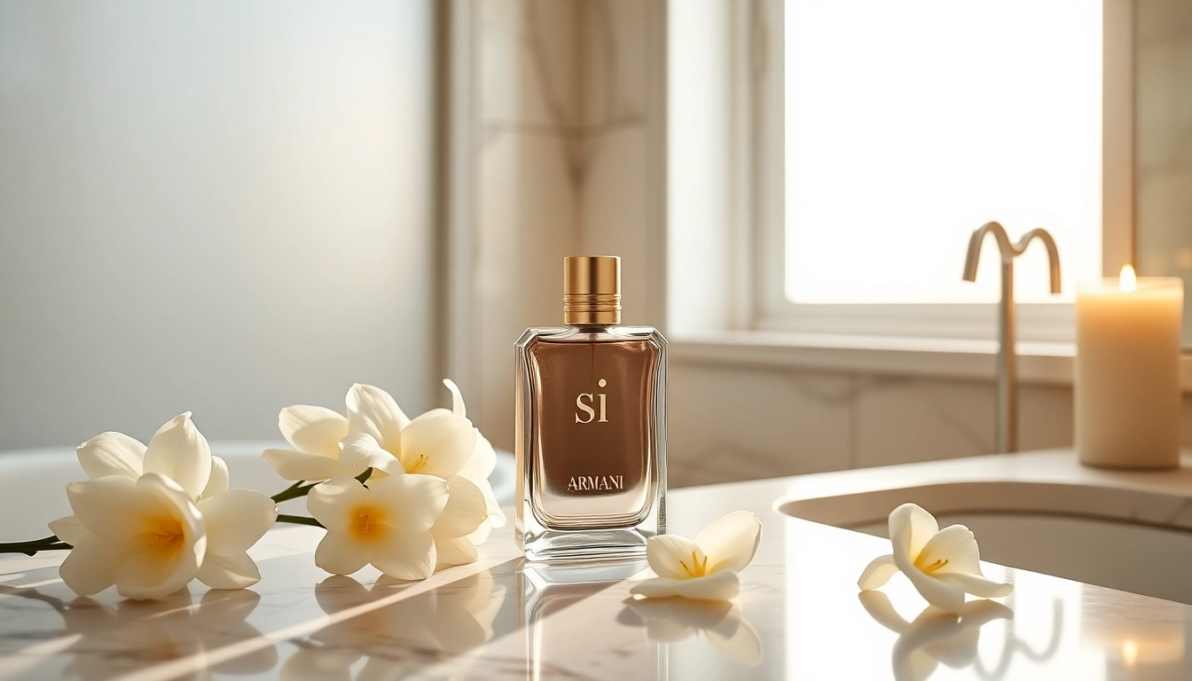 Admire the luxurious Armani si fragrance bottle displayed with fresh flowers and candlelight.