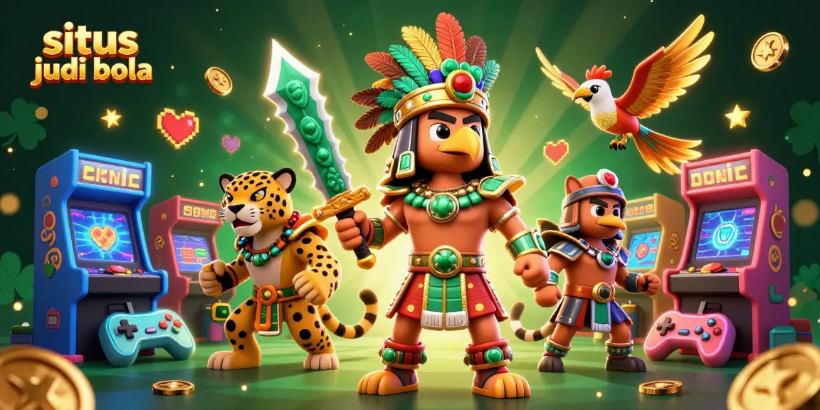Engage in situs judi bola with Aztec warrior and jaguar amidst vibrant gaming elements.