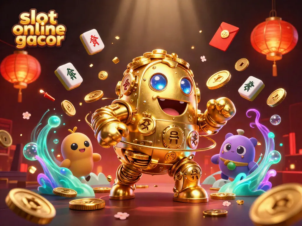 Engage with slot online gacor through a vibrant 3D illustration showcasing a golden golem and festive elements.