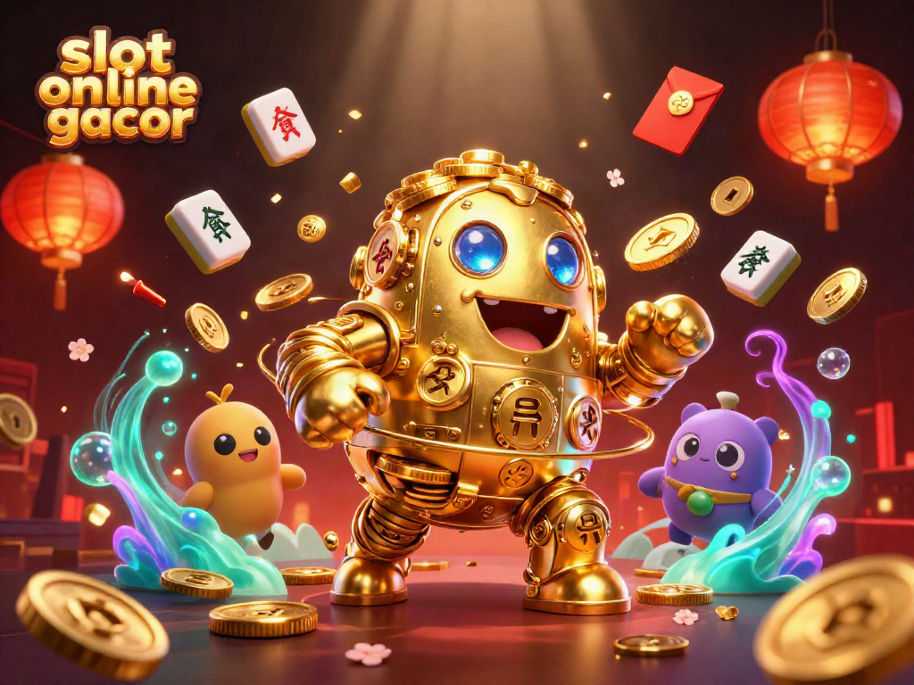 Engage with slot online gacor through a vibrant 3D illustration showcasing a golden golem and festive elements.