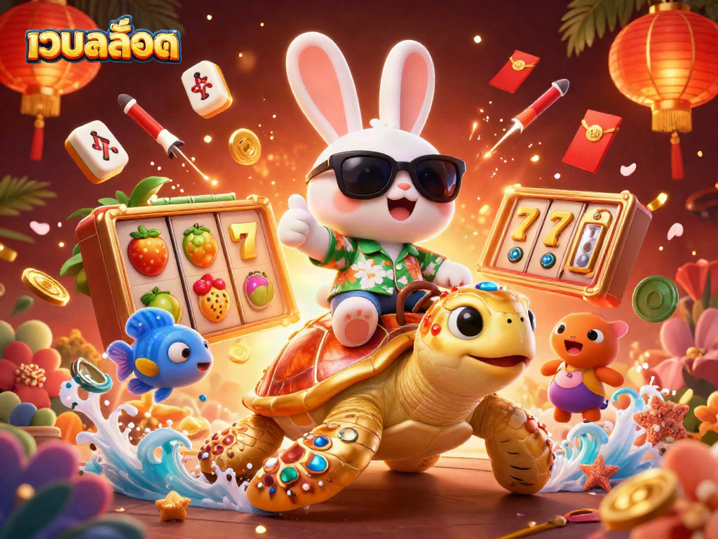 Spin the เว็บสล็อต jackpot alongside a lucky rabbit and a golden sea turtle in this vibrant casino scene.