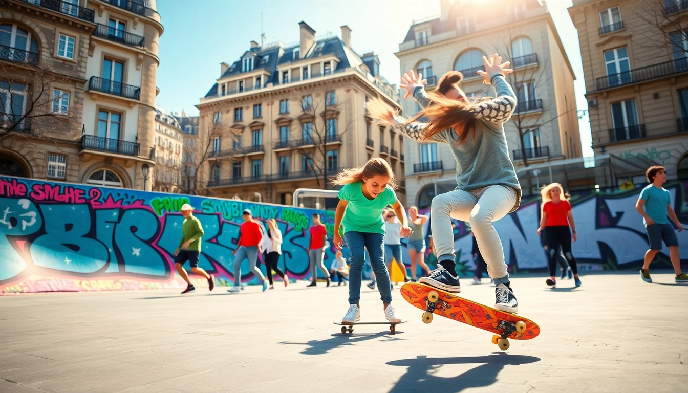 Réaliser des figures lors d'un stage de skate paris dans un skatepark dynamique avec des jeunes.