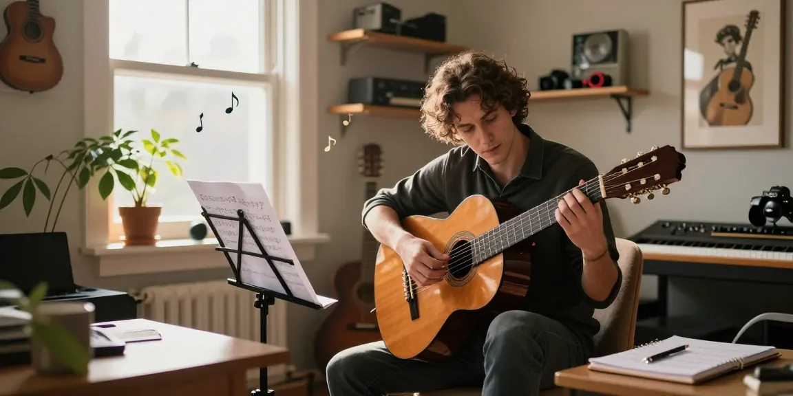 Private classical guitar lessons in a warm home studio, showcasing a guitarist playing with sheet music and musical accessories.