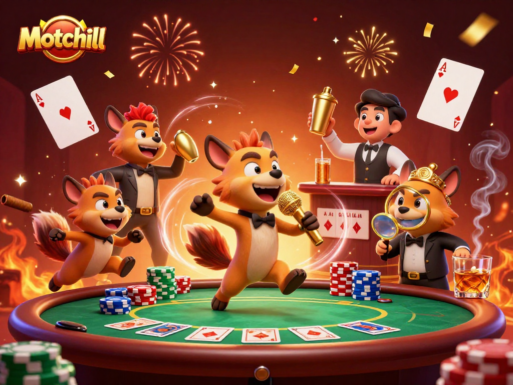 Experience the thrilling atmosphere of Motchill Casino, featuring hyenas in a vibrant comedy club scene.