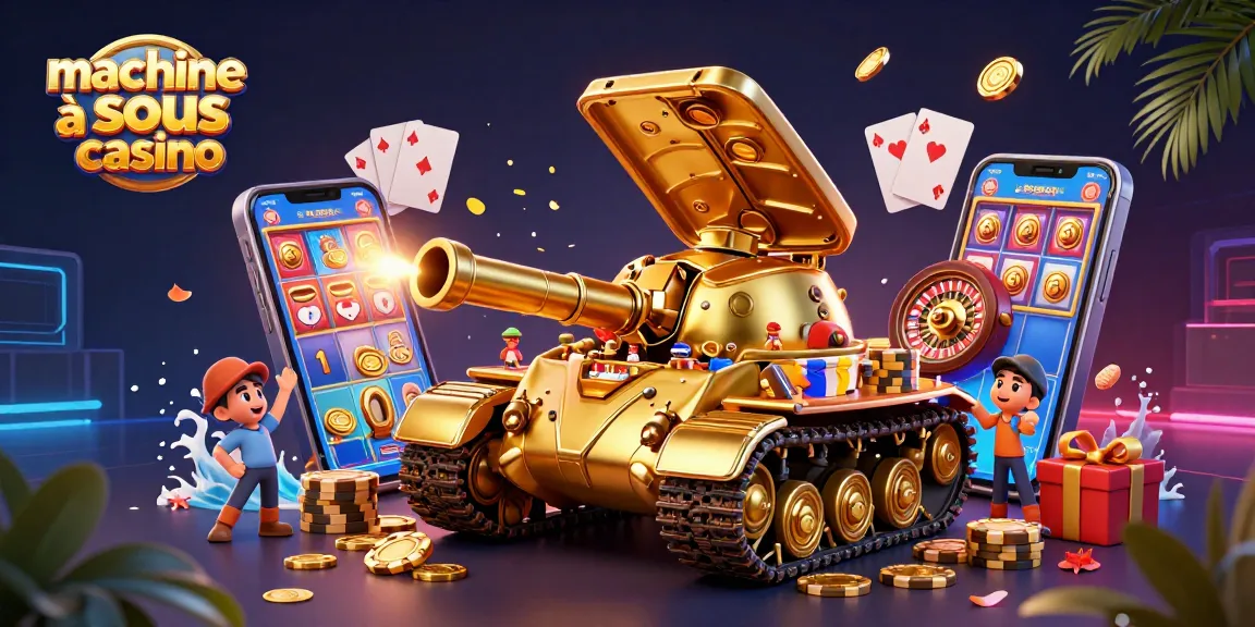 Machines à sous casino avec un tank en or révélant un mini-casino plein d'action.