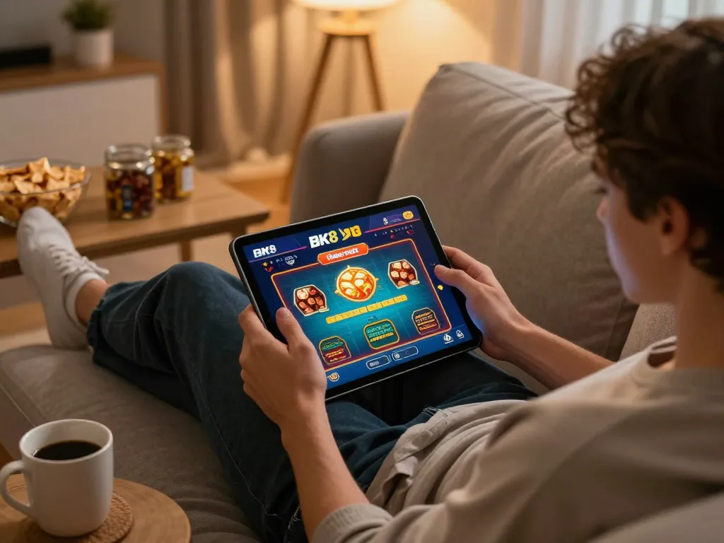 Engaging home gaming experience with BK8 app on tablet, comfortable setting enhancing play.