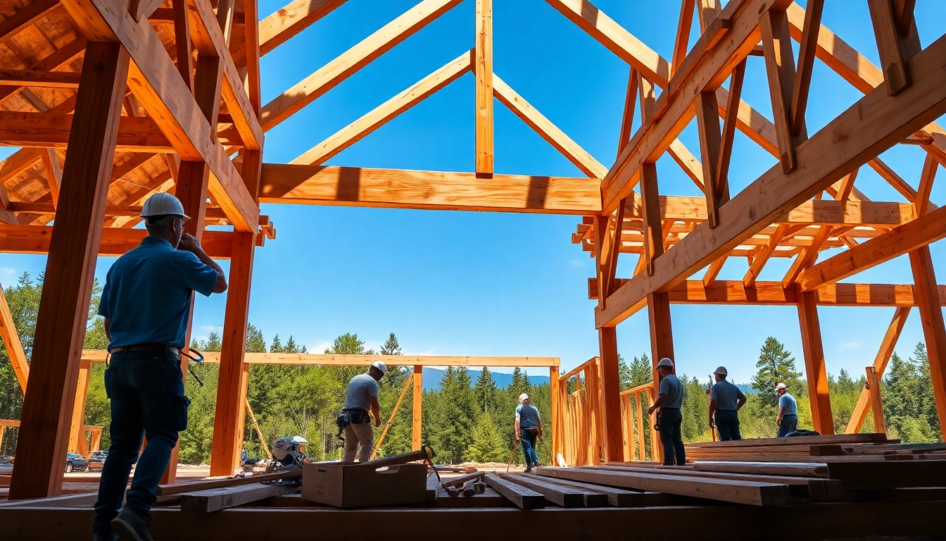 Crafting a structural timber frame with precision by skilled professionals in a serene environment.