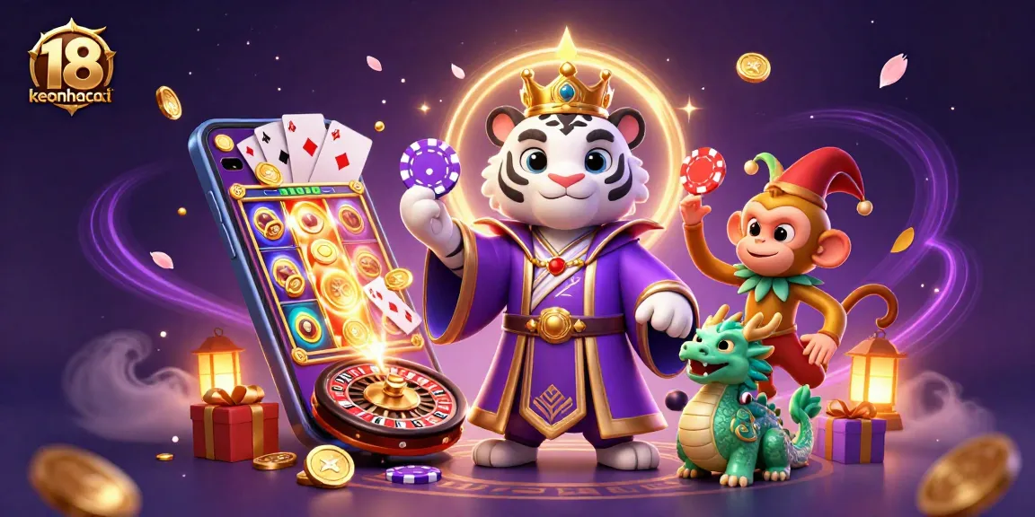 Engage with keonhacai 18 as the playful monkey balances poker chips amid a vibrant casino scene.