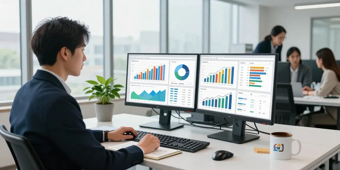 Analyzing financial crime intelligence trends on dual monitors in a modern corporate office setting.