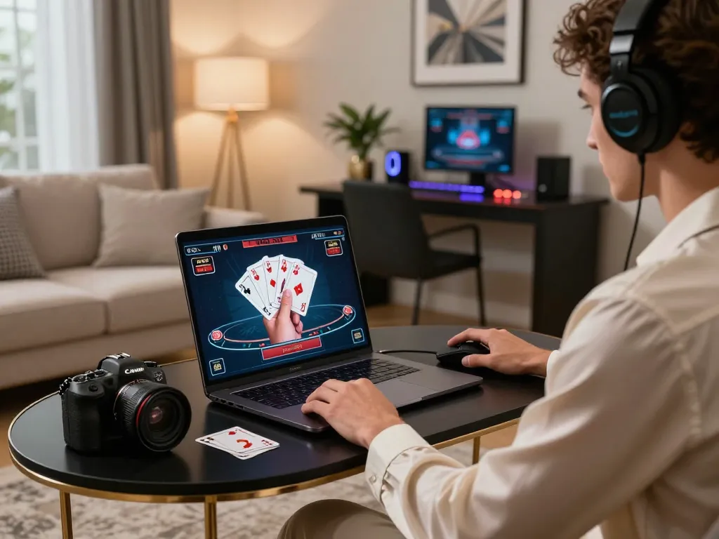 Engaging in live baccarat on a luxurious online casino platform, showcasing a sophisticated gaming setup.