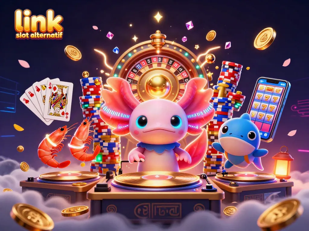 Permainan slot gacor dengan link slot alternatif, dikelilingi koin emas dan batu permata berkilau.