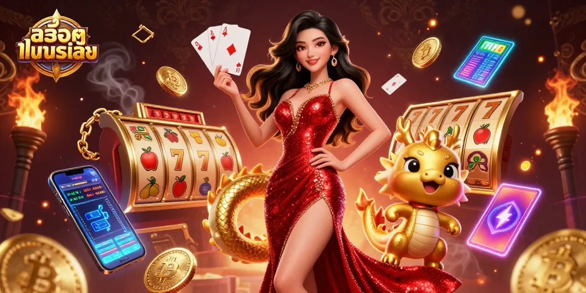 Play and win big with สล็อตทดลองเล่น in this vibrant 3D illustration featuring a confident woman with a golden dragon.