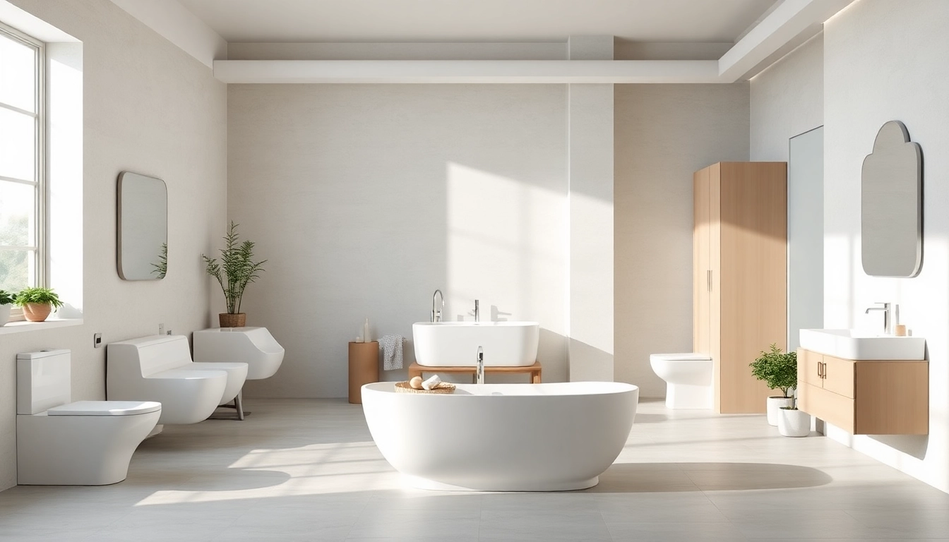 I sanitari moderni in un bagno luminoso con dettagli eleganti e morbidi.