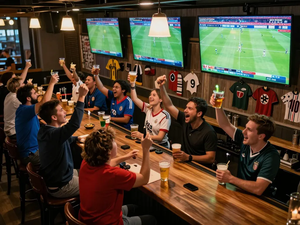 Socolive users enjoying a live football match at a sports bar, cheers and excitement visible in the atmosphere.