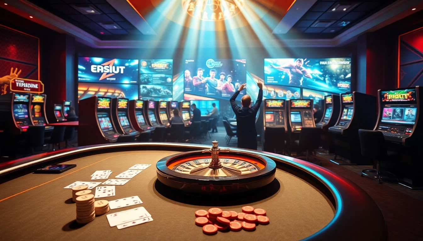 Watch Trực tiếp Esport live stream at an exciting casino with vibrant tables and cheering players.