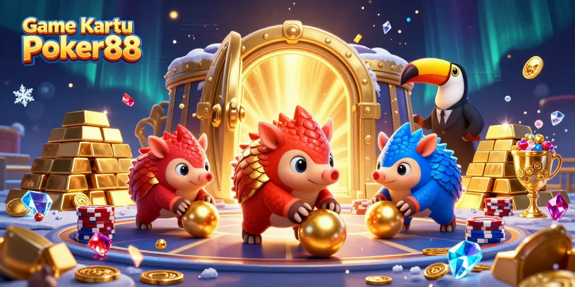 Experience dynamic action with Game Kartu Poker88 - rival pangolins and poker chips in a vibrant scene.