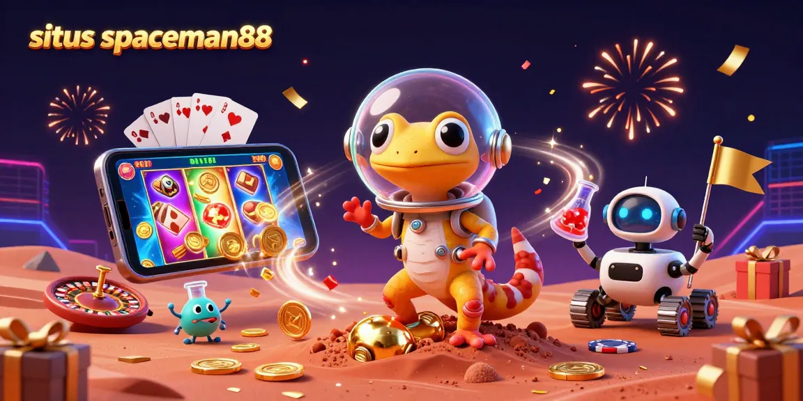 Experience the thrill of situs spaceman88 with a Martian gecko discovering a golden casino among stars.