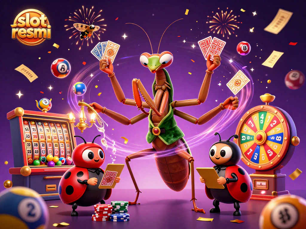 Experience vibrant action in slot resmi with a giant praying mantis card sharp amidst dynamic casino elements.