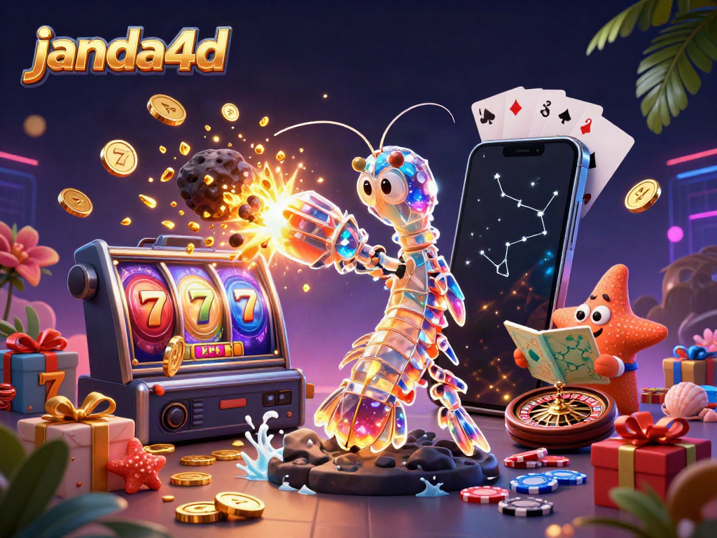 Permainan slot janda4d ditampilkan oleh karakter kartun di latar belakang yang penuh warna.