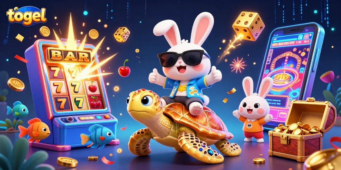 Togel-themed 3D illustration with a lucky rabbit and golden turtle celebrating winnings amidst slot machines and colorful casino elements
