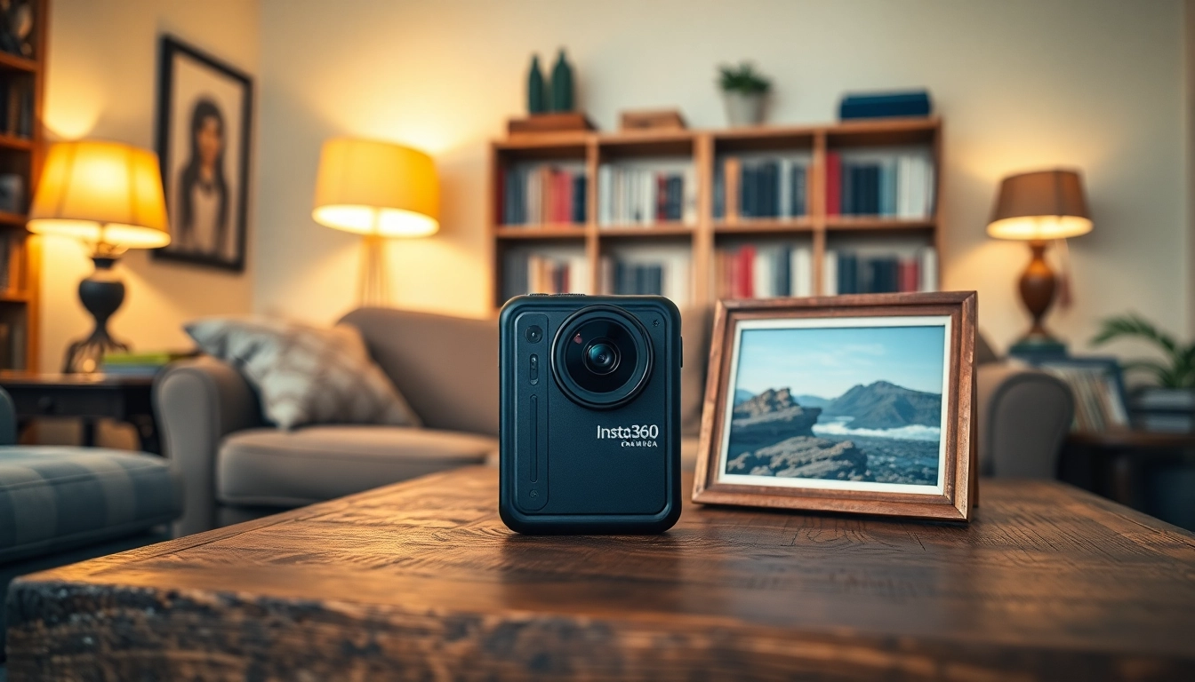 Showcase the Insta360 camera elegantly placed on a wooden table, highlighting its design and functionality.