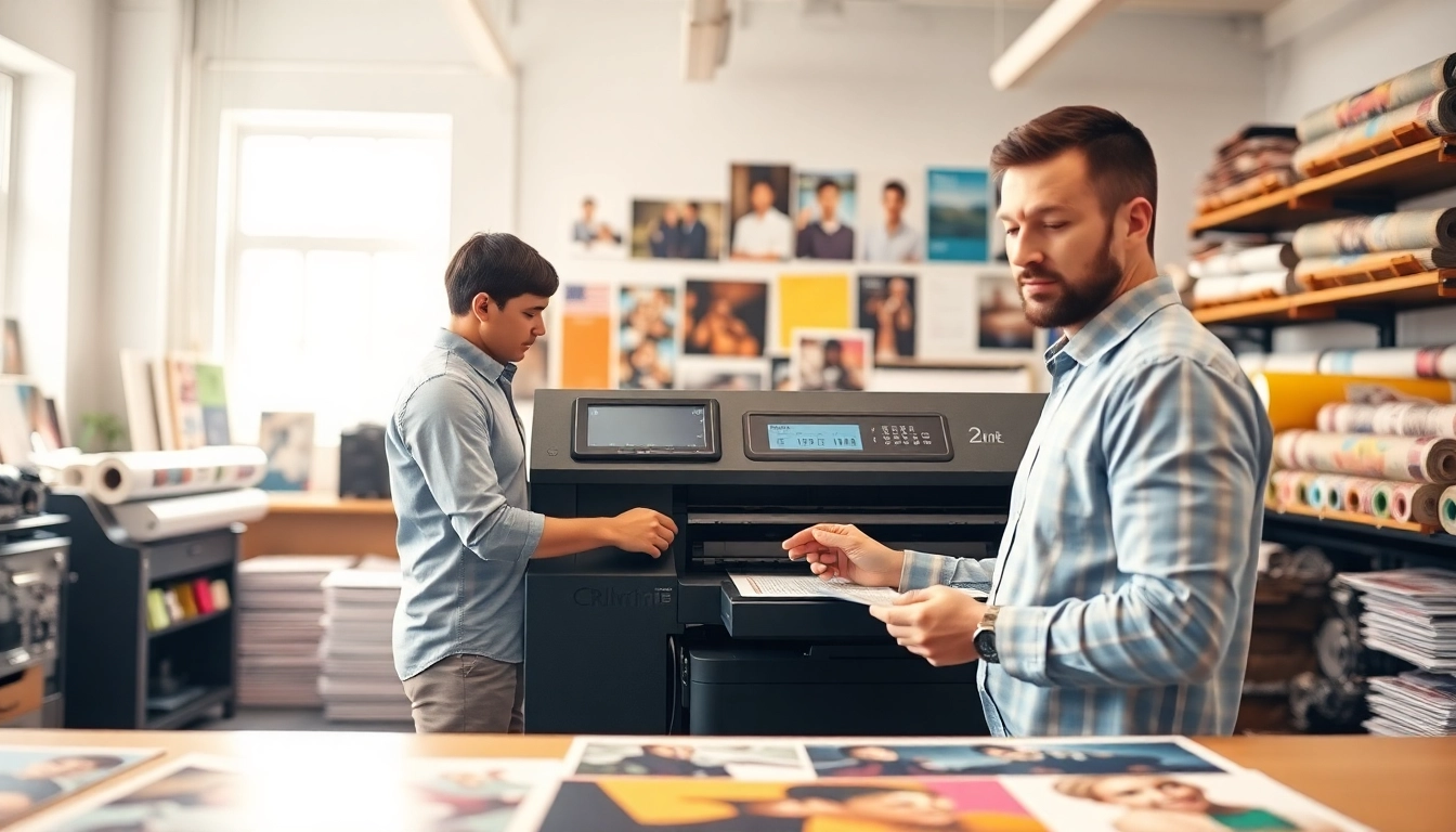 Showcasing budget printing technology in action with a technician and vibrant printed materials.