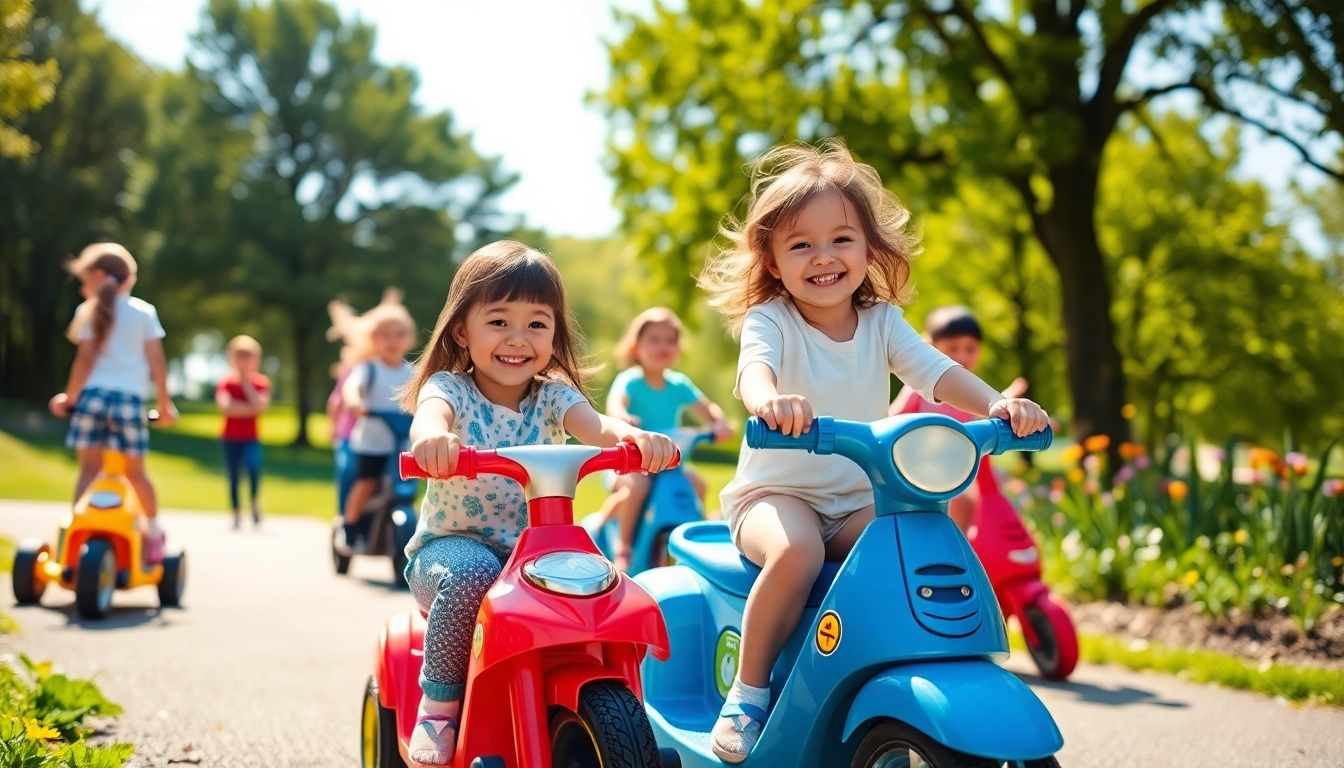 A group of children joyfully riding on colorful ride on toys in a sunny park.