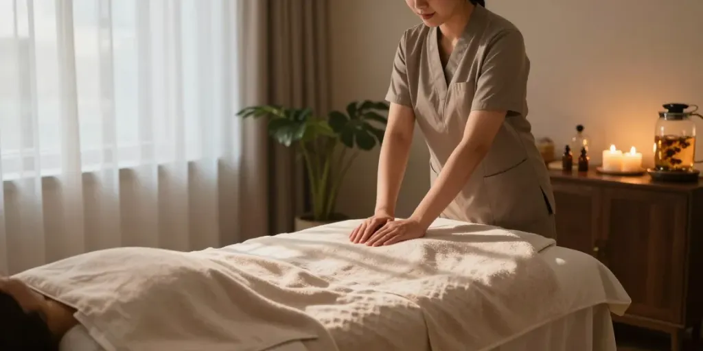 고양출장마사지 in a tranquil massage room with essential oils and warm lighting