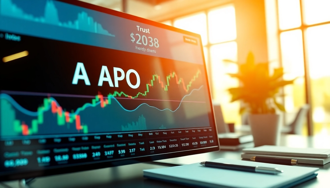 View of real-time trading screen showing APO stock price in a modern office.