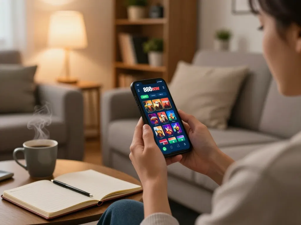 Engaging with the 888now đăng nhập on mobile, showcasing a warm and inviting home setup.