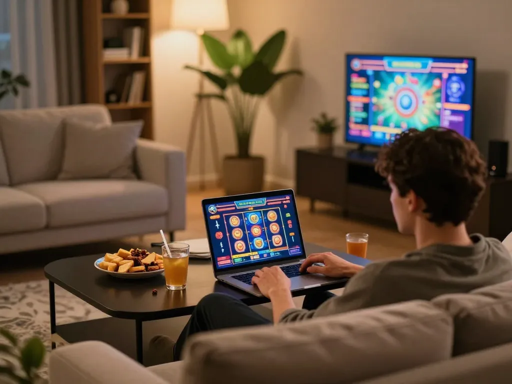 Engaging in mm88 online slot gaming, showcasing a vibrant interface and cozy home setup.