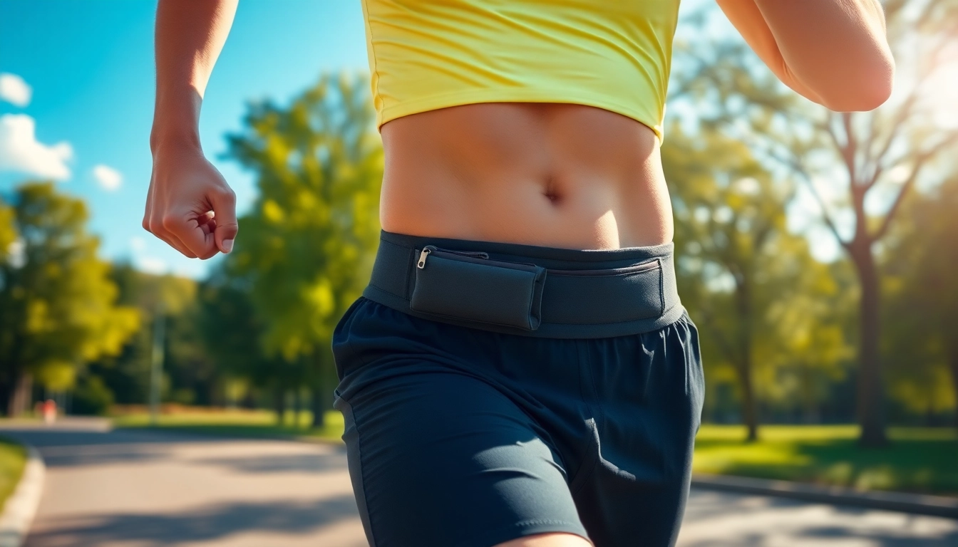A active runner utilizing a run belt while jogging through a sunlit park, emphasizing comfort and style.