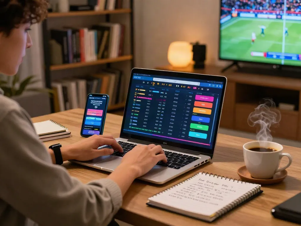 Person engaging with DJARUMBOS LINK ALTERNATIF on laptop in a vibrant home office.