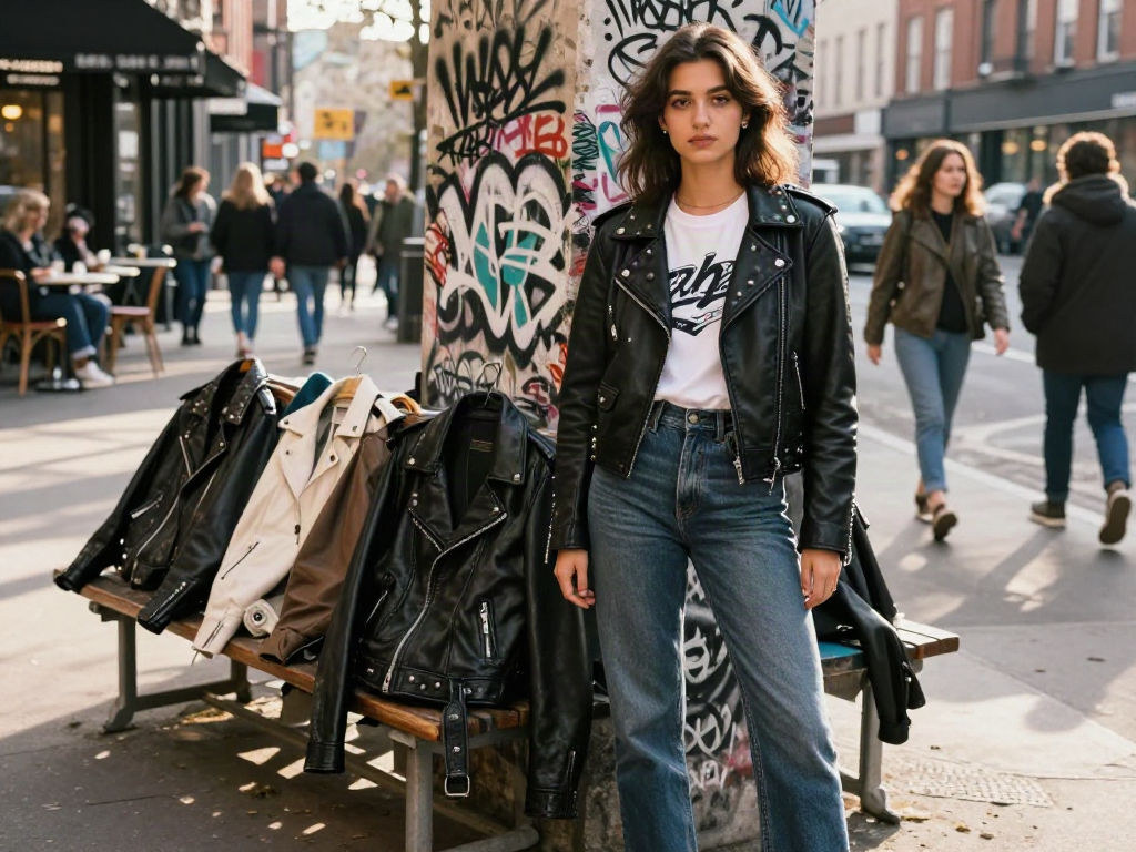 Stylish woman wearing leather jackets for women in a vibrant urban setting, showcasing fashion trends.