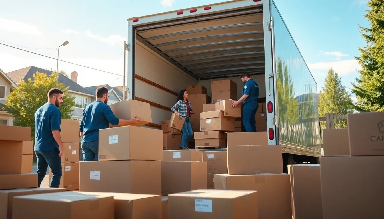 Efficient team of long distance movers Calgary loading boxes into a truck for relocation.