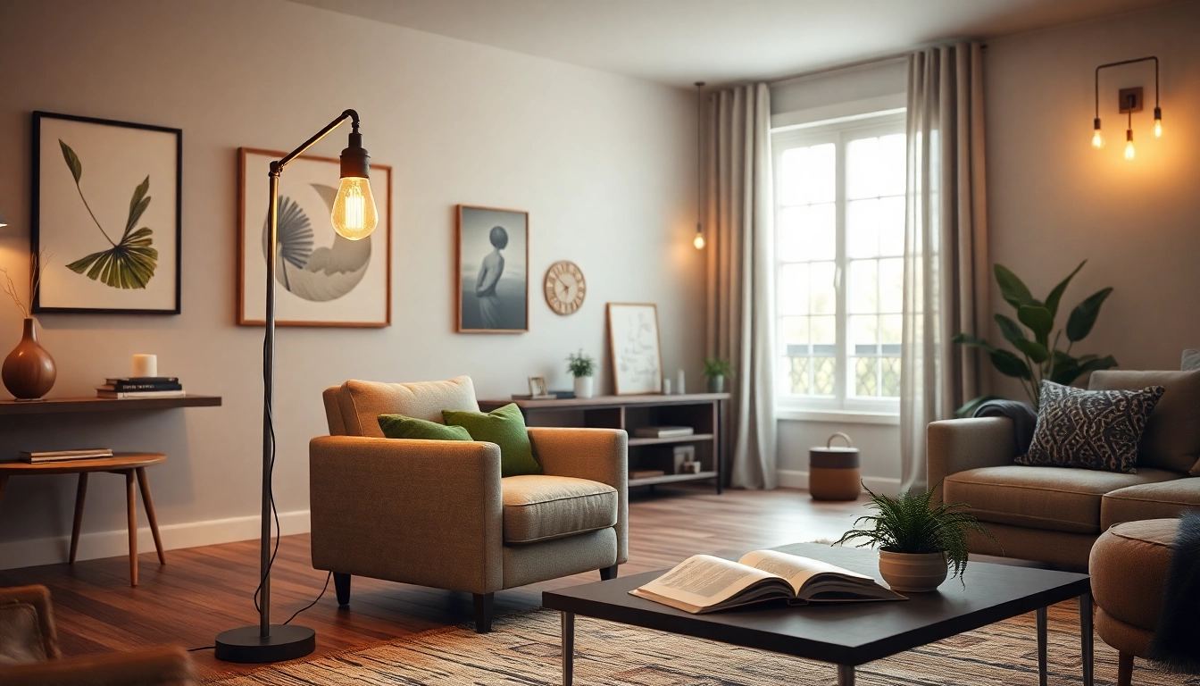 A cozy living room illuminated with a19 light bulbs creating a warm atmosphere.
