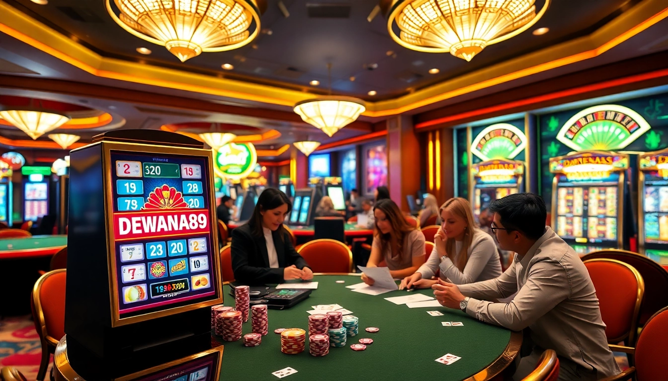 Adegan menarik dari login slot DEWANAGA89 dengan beragam pemain di meja kasino yang dinamis, menampilkan kegembiraan.