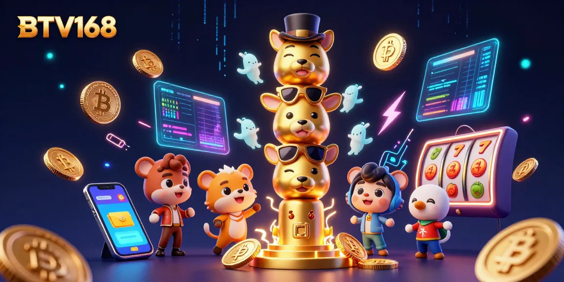 BTV168 players engaging with vibrant slots and crypto elements in a dynamic casino scene.